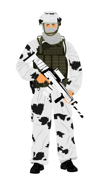 Soldado Del Ejército Camuflaje Invierno Nieve Con Rifle Francotirador Casco — Vector de stock