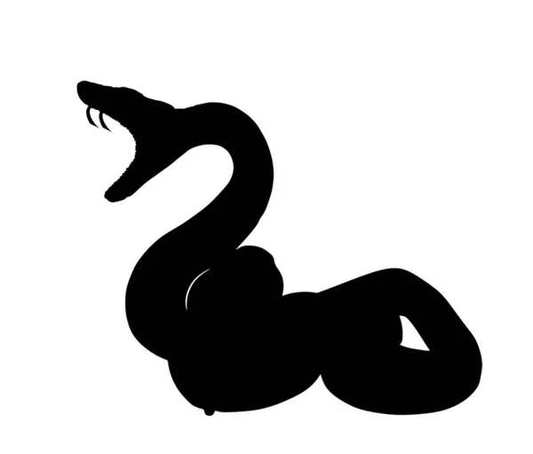 白い背景に隔離されたカールヘビ攻撃獲物ベクトルシルエットイラスト 黒い蛇の入れ墨 毒蛇の形の影 致命的な毒の捕食者薬や薬局のシンボル 危険治療 — ストックベクタ