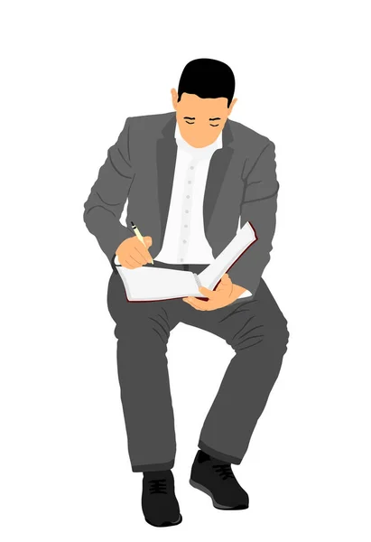 Writer Man Writes Note Pencil Notebook Vector Illustration Isolated White — Stock Vector