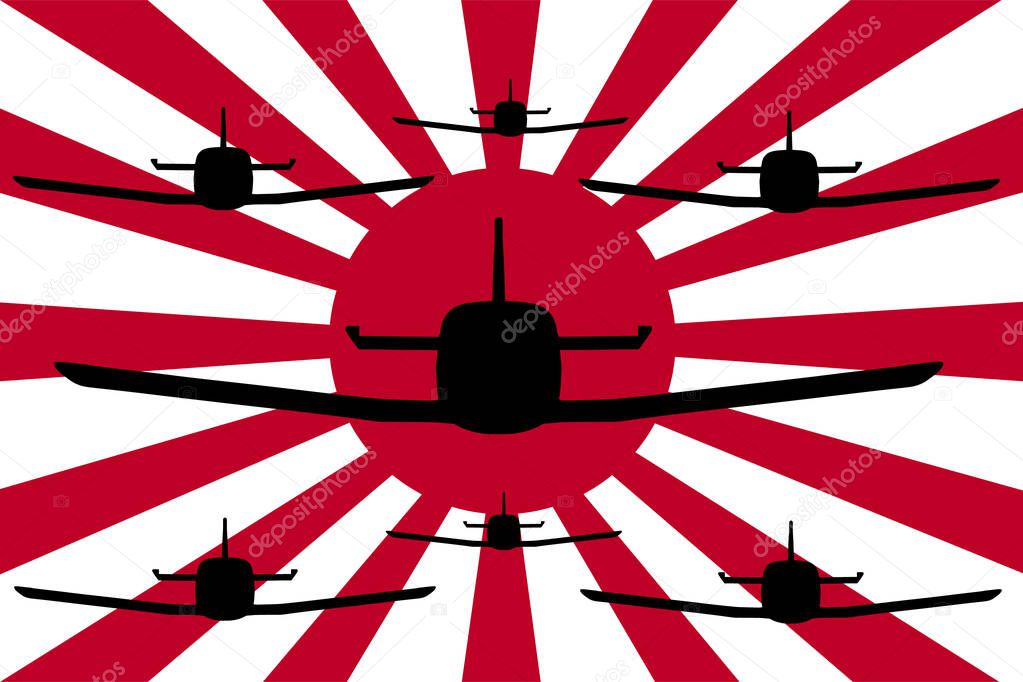 Kamikaze plane Zero in formation silhouette. Squadron aircraft in battle over Imperial Japanese army flag vector illustration. Rising Sun symbol. WW2, Second World War on Pacific history memories.