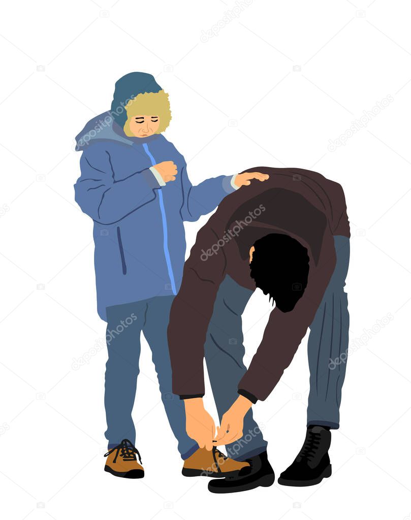 Father tying his sons shoelaces vector illustration isolated on white background. Dad ties shoestring to son. Parent helps child with boots. Man learning boy to put on shoes. Family winter day on snow