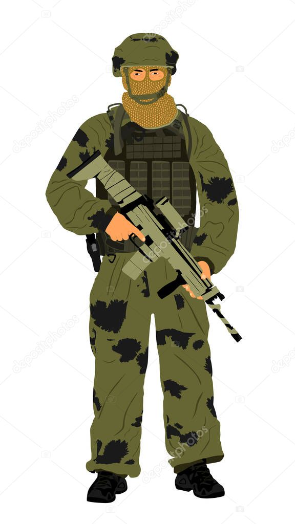 Camouflage army soldier with sniper rifle, helmet and full equipment on duty vector illustration. Soldier keeps the watch on guard. Ranger on border. Commandos saluting. Special unit member