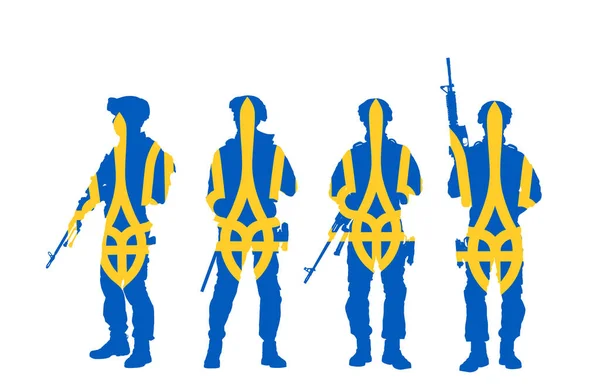 ウクライナでの軍事行動 ライフルを持つウクライナの愛国者の兵士は 国のベクトルシルエットイラストが隔離を守る 任務中のウクライナの旗の戦士は国境を守る 反戦運動 — ストックベクタ
