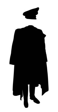 2. Dünya Savaşı Alman subayı üniformalı vektör silüeti beyaz arka planda izole edildi. Askeri kıyafetler, palto, şapka ve botlar. Yüksek rütbeli asker sembolü. Savaş giysisi formundaki savaş komutanı.