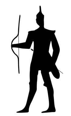 Savaş vektörü siluetinde zırhlı bir şövalye beyaz arka planda izole edilmiş. Ortaçağ eski askerleri kaleyi korur. Cesur savaşçı şekli sembolü. Avcı avı, yay oku.