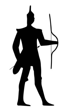 Savaş vektörü siluetinde zırhlı bir şövalye beyaz arka planda izole edilmiş. Ortaçağ eski askerleri kaleyi korur. Cesur savaşçı şekli sembolü. Avcı avı, yay oku.