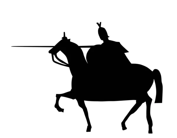 白い背景に隔離された戦闘ベクトルシルエットのイラストで鎧兜と槍乗馬馬と騎士 中世の騎兵は城を守る 勇敢な馬の形のシンボル 古代の兵士 — ストックベクタ