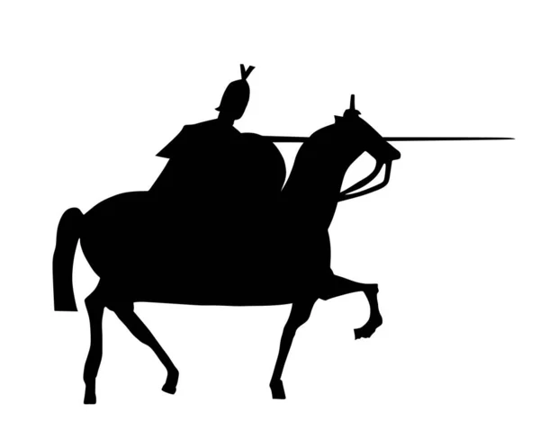 Ritter Mit Rüstungshelm Und Speer Reitendem Pferd Schlachtvektorsilhouette Illustration Isoliert — Stockvektor