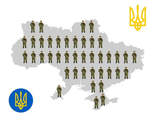 우크라 이나군 애국자 군인들은 소총으로 그림을 고립시켰다 우크라이나 국기인 실루엣 — 스톡 벡터