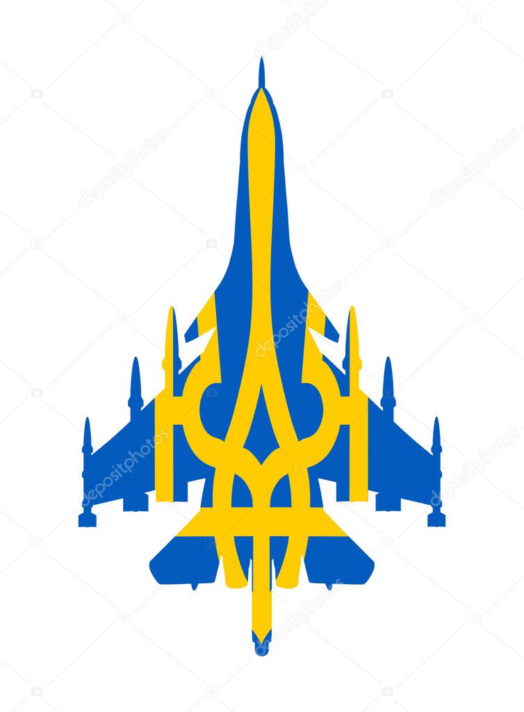 Ukraine flag over jet fighter military plane vector silhouette illustration isolated on background. Air attack with missile. Patriot protect country against enemy by aircraft. War crisis in Europe.