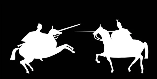 Chevaliers Cheval Bataille Avec Casque Blindé Silhouette Vectorielle Lance Illustration — Image vectorielle