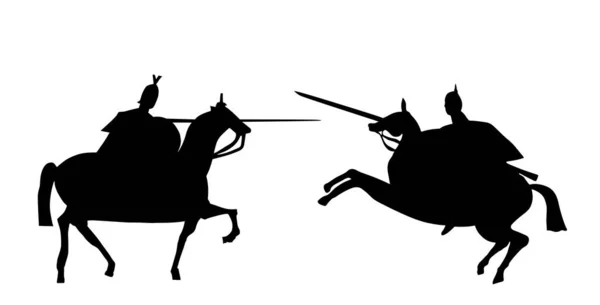 鎧ヘルメットと白い上に隔離された槍ベクトルシルエットイラストで馬に乗って戦闘の騎士 決闘だ 中世の騎兵は城を守る 勇敢な馬の形のシンボル 古代の兵士 — ストックベクタ