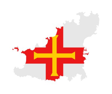 Ada Guernsey haritası beyaz arka planda izole edilmiş vektör silueti çizimi. Guernsey bayrağı.