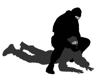Beyaz üzerine izole edilmiş terörist düşman vektör siluetine karşı asker özel kuvvet yetenek sunumu. Saldırganlara karşı savaşan bir adam. Ömür boyu savaş, polis tutuklaması.