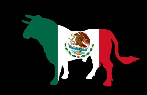 Бык Флагом Мексики Над Векторной Иллюстрацией Силуэта Изолирован Заднем Плане — стоковый вектор