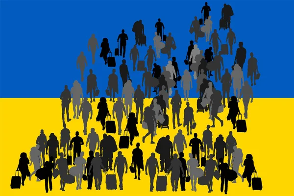 Familienmenschen Ukraine Drängen Sich Kriegsmigrationskrisen Flüchtlinge Auf Der Silhouette Eines — Stockvektor