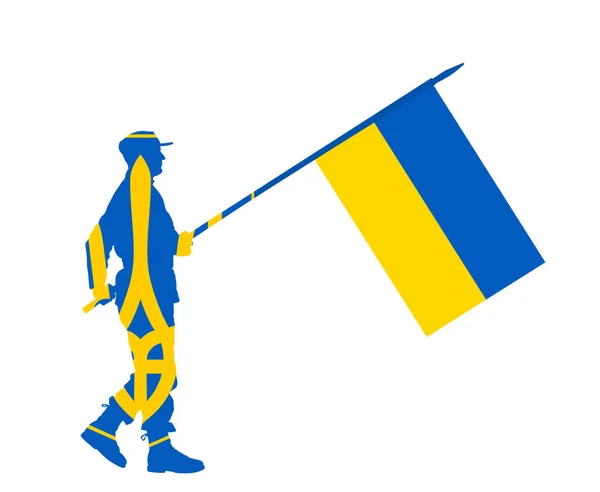 우크라이나 애국자 병사가 깃발을 실루엣을 방어한다 우크라이나 임무중 전사의 깃발을 — 스톡 벡터