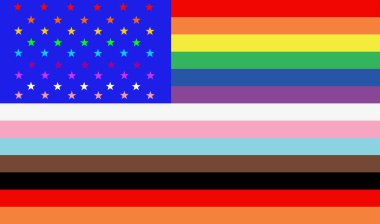 USA America LGBTQ plus flag banner vector illustration background. Typography with L Lesbian flag, G Gay Pride flag colors. B Bisexual flag. T Transgender community pride. Q Queer. Gay parade symbol.
