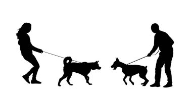Sahibi kız ve köpekli Husky, arka planda doberman vektör silueti olan bir çocukla buluşuyor. Tasmalı kadın ve adam, açık havada evcil hayvan oynuyorlar. Arkadaş canlısı yaklaşım oyunu etkin