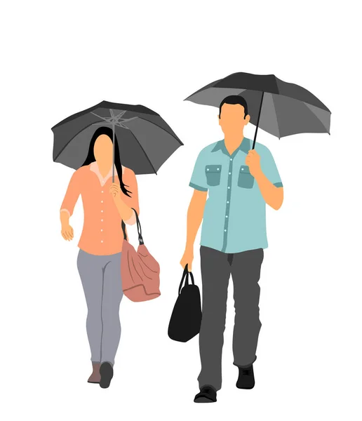 商业伙伴们在雨中走在大街上 下班后的矢量图上被白色隔开了 男人和女人在户外遮阳伞下优雅的女商人带着伞形矢量图解 — 图库矢量图片