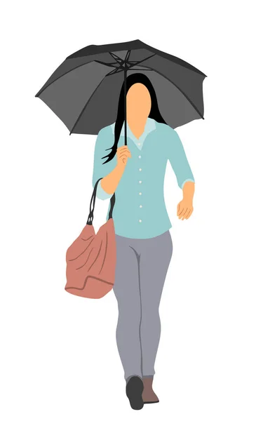 Business Woman Walking Rain Umbrella Work Vector Illustration Isolated White — ストックベクタ