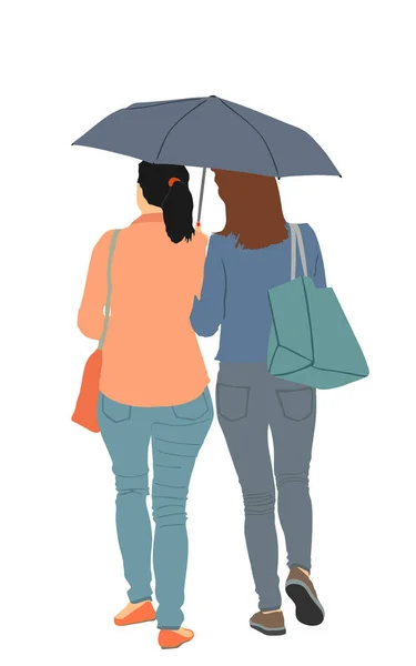 两个恋爱中的女孩在雨下的伞形矢量下 在白色背景上被隔离 女人和女友在雨伞下 下班后走在潮湿的街上 姐妹俩在户外散步 — 图库矢量图片