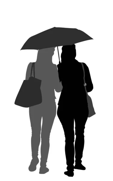 Two Girls Love Rain Umbrella Vector Silhouette Illustration Isolated White — Stock Vector
