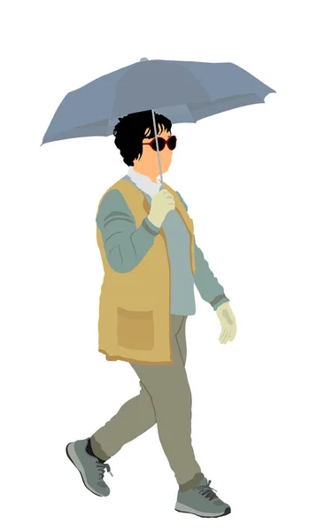 Business Woman Walking Rain Umbrella Work Vector Illustration Isolated White — Stock Vector