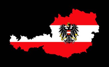 Austria map flag, coat of arms vector silhouette illustration isolated on black. Burgenland, Carinthia, Lower, Upper Austria, Salzburg, Styria, Tyrol, Vienna, Voralberg. Emblem, banner national symbol