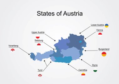Avusturya federal eyaletlerinin siluetleri, vektör çizimi. Avusturya 'nın ayrı bölgelerinde. Burgenland, Carinthia, Aşağı Avusturya, Salzburg, Styria, Tyrol, Yukarı Avusturya, Viyana, Voralberg haritası