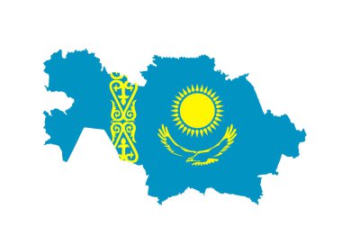 Kazakistan vektör haritası beyaz arkaplanda izole edilmiş bayrak silueti çizimi. Kazakistan ulusal armalı bayrak..