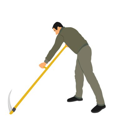 Beyaz arkaplanda izole edilmiş çim vektör çizimini kesmek için tırpan kullanan çiftçi. Kırsal bahçıvan bahçıvanı. Dışarıda sıkı çalışan tırpanlı bir taşralı. Köylü buğday ya da yonca biçiyor..