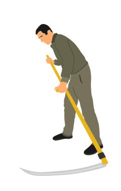 Beyaz arkaplanda izole edilmiş çim vektör çizimini kesmek için tırpan kullanan çiftçi. Kırsal bahçıvan bahçıvanı. Dışarıda sıkı çalışan tırpanlı bir taşralı. Köylü buğday ya da yonca biçiyor..