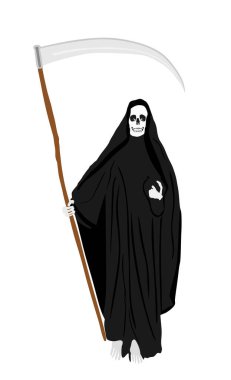 Beyaz arka planda izole edilmiş vektör illüstrasyonlu Azrail. Tırpanlı korkunç bir gölge ile korkunç bir ölüm. Gecelik sembolündeki korkunç ölü iskelet. Scythian ruhu yok. Kabus muamelesi..