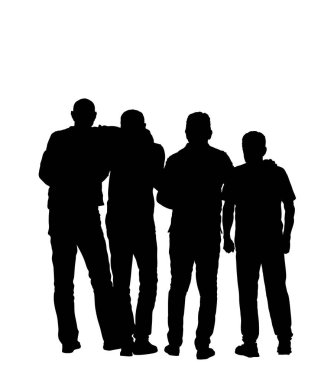 Üst düzey arkadaşlar, beyaz arka planda izole edilmiş bir fotoğraf vektör silueti çizimi yapmak için birbirlerine sarılıyorlar. Spor taraftarları futbol maçı izliyor. Eşlik eden bir adam birlikte geriye dönüp bakmalı.