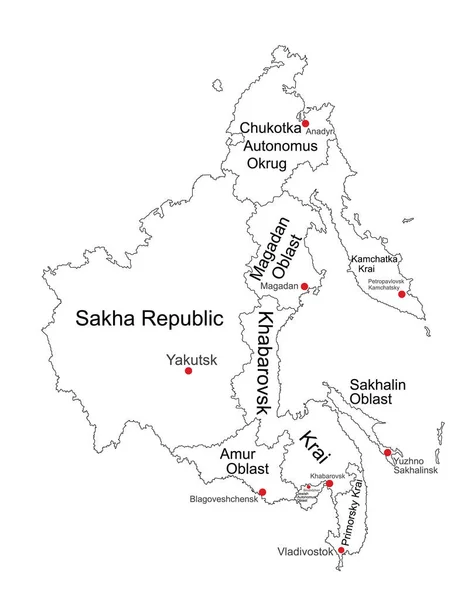 远东地区地图俄罗斯矢量线轮廓图形孤立 Sakha Chukotka Magadan Kamchatka Amur Khabarovsk Jewish Autonomous Region — 图库矢量图片