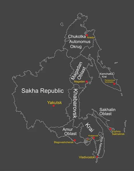 Mapa Far Eastern Federal District Rusko Vektorová Linie Silueta Ilustrace — Stockový vektor