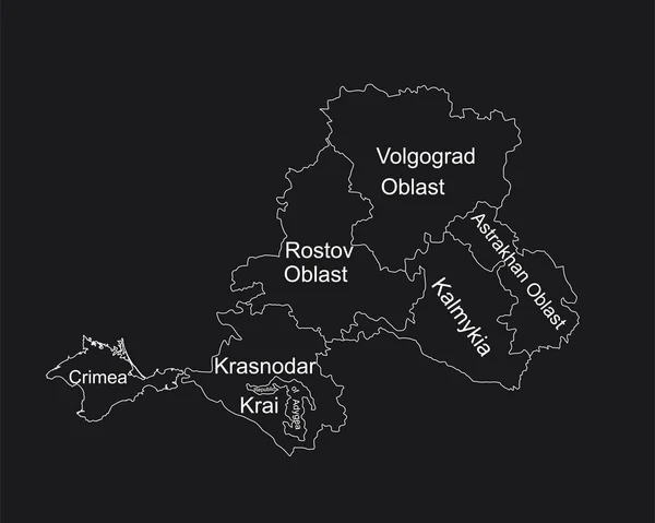 南部联邦区地图俄罗斯 矢量轮廓画面孤立在黑色上 共和国Adygea Astrakhan Oblast Volgograd Oblast Kalmykia Krasnodar Krai — 图库矢量图片