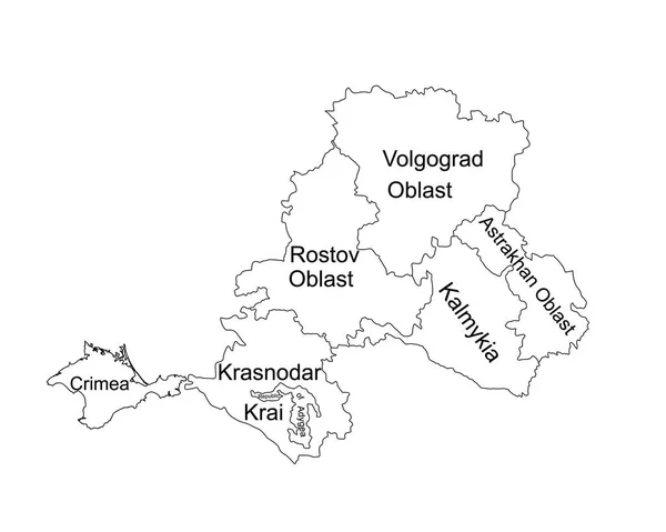 南部联邦区地图俄罗斯 矢量轮廓画面孤立在白色上 共和国Adygea Astrakhan Oblast Volgograd Oblast Kalmykia Krasnodar Krai — 图库矢量图片