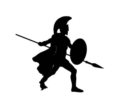 Beyaz arka planda izole edilmiş savaş vektörü siluetinde mızrak ve kalkanla Yunan kahramanı Achilles. Romalı lejyoner, savaşta cesur savaşçı. Gladyatör sembolü gölge.