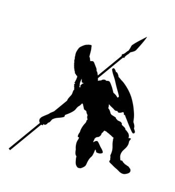 Beyaz arka planda izole edilmiş savaş vektörü siluetinde mızrak ve kalkanla Yunan kahramanı Leonidas. Romalı lejyoner, savaşta cesur savaşçı. Gladyatör sembolü gölge.