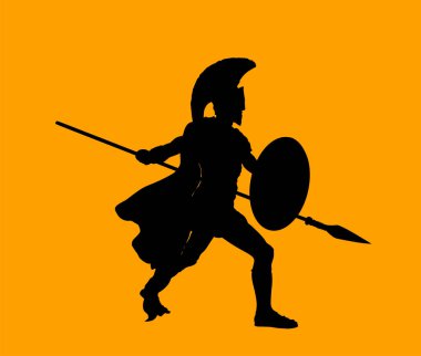 Greek hero ancient soldier Achilles with spear and shield in battle vector silhouette illustration isolated on background. Roman legionary, brave warrior in combat. Gladiator symbol shadow.