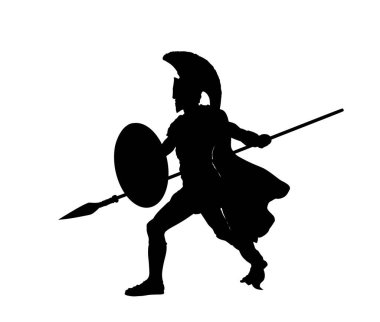 Beyaz arka planda izole edilmiş savaş vektörü siluetinde mızrak ve kalkanla Yunan kahramanı Achilles. Romalı lejyoner, savaşta cesur savaşçı. Gladyatör sembolü gölge.
