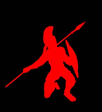 Yunan kahraman asker Leonidas mızrak ve kalkanla savaş vektör siluetinde arka planda izole edilmiş. Romalı lejyoner, savaşta cesur savaşçı. Gladyatör sembolü gölge.