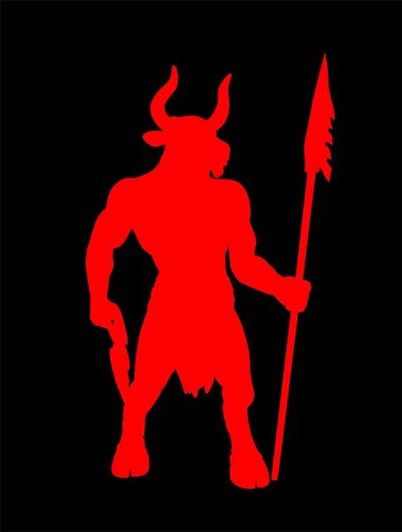 ギリシャ神話の生物ミノタウロスベクトルシルエットイラストは黒の背景に隔離されています 男の体と雄牛のシンボルの頭を持つ半神 槍と斧の形をした怒っている獣の角 — ストックベクタ