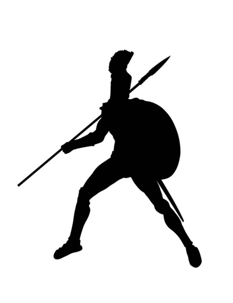 ギリシャの英雄古代の兵士レオニダス槍と盾との戦いベクトルシルエットイラスト白の背景に隔離されました 戦闘中のローマの軍団勇敢な戦士 グラディエーターシンボル影 — ストックベクタ