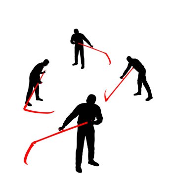 Çiftçi ekibi beyaz arka planda izole edilmiş çim vektör silüetini kesmek için tırpan kullanıyor. Kırsal bahçıvan bahçıvanı. Tırpanla gezen taşralı adam dışarıda çalışıyor. Köylü buğday, yonca biçiyor..