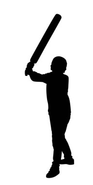 Little angry boy with bat in fight vector silhouette illustration isolated on white background. Kid play game with friend, like a knight with sword in battle. Rubber stick game on children playground.