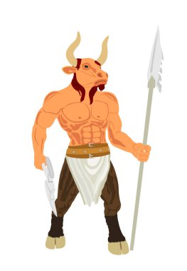 Yunan mitolojisi yaratığı Minotaur vektör çizimi beyaz arka planda izole edildi. Yarı tanrı, insan vücudu ve boğa sembolü ile. Mızrak ve balta şeklinde boynuzlu kızgın canavar..