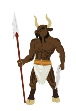 Yunan mitolojisi yaratığı Minotaur vektör çizimi beyaz arka planda izole edildi. Yarı tanrı, insan vücudu ve boğa sembolü ile. Mızrak ve balta şeklinde boynuzlu kızgın canavar..